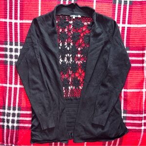 Womens black cardigan with open floral back!